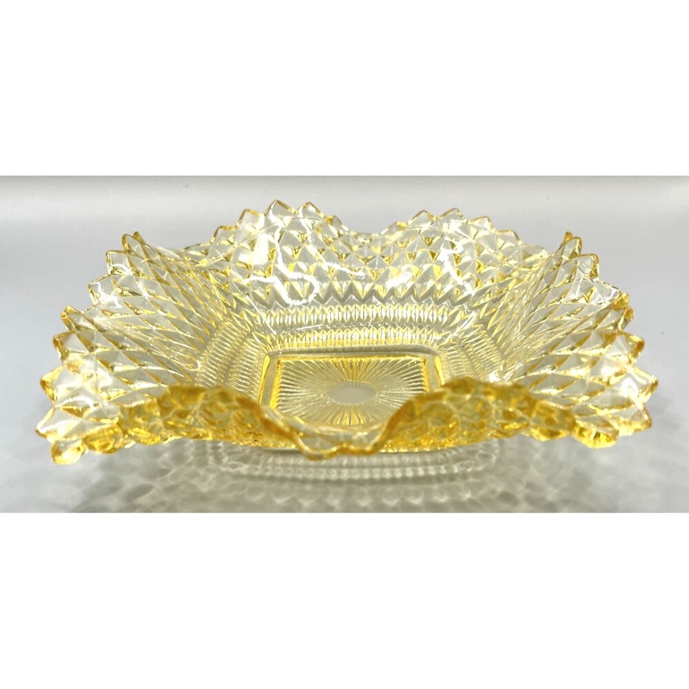 Vintage Pressed Glass Candy Dish Square Gold Amber Tint Diamond Pattern 6"